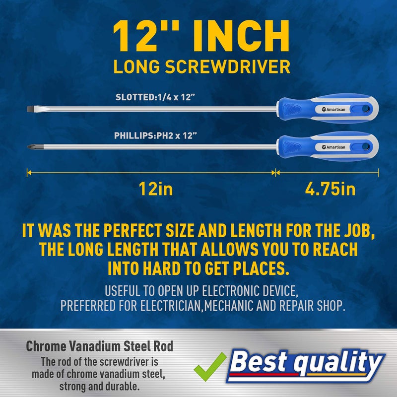 Amartisan 2-Piece 12'' long Screwdriver Set, Long Blade Screwdriver Set 12-Inch Magnetic Screwdriver, Phillips & Slotted Bits .ï¼ˆNEWï¼‰ - Image 4